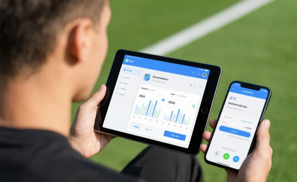 一位用户在平板电脑和手机上同时登录同一体育应用，界面相似，数据实时同步