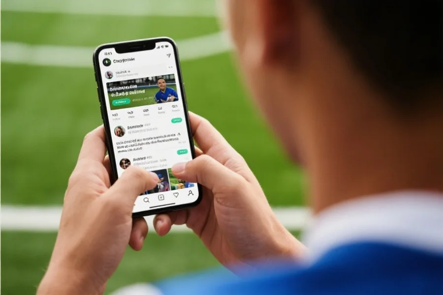 一位体育迷正在用手机浏览体育社区，与其他用户进行交流互动，屏幕上显示丰富的帖子和评论